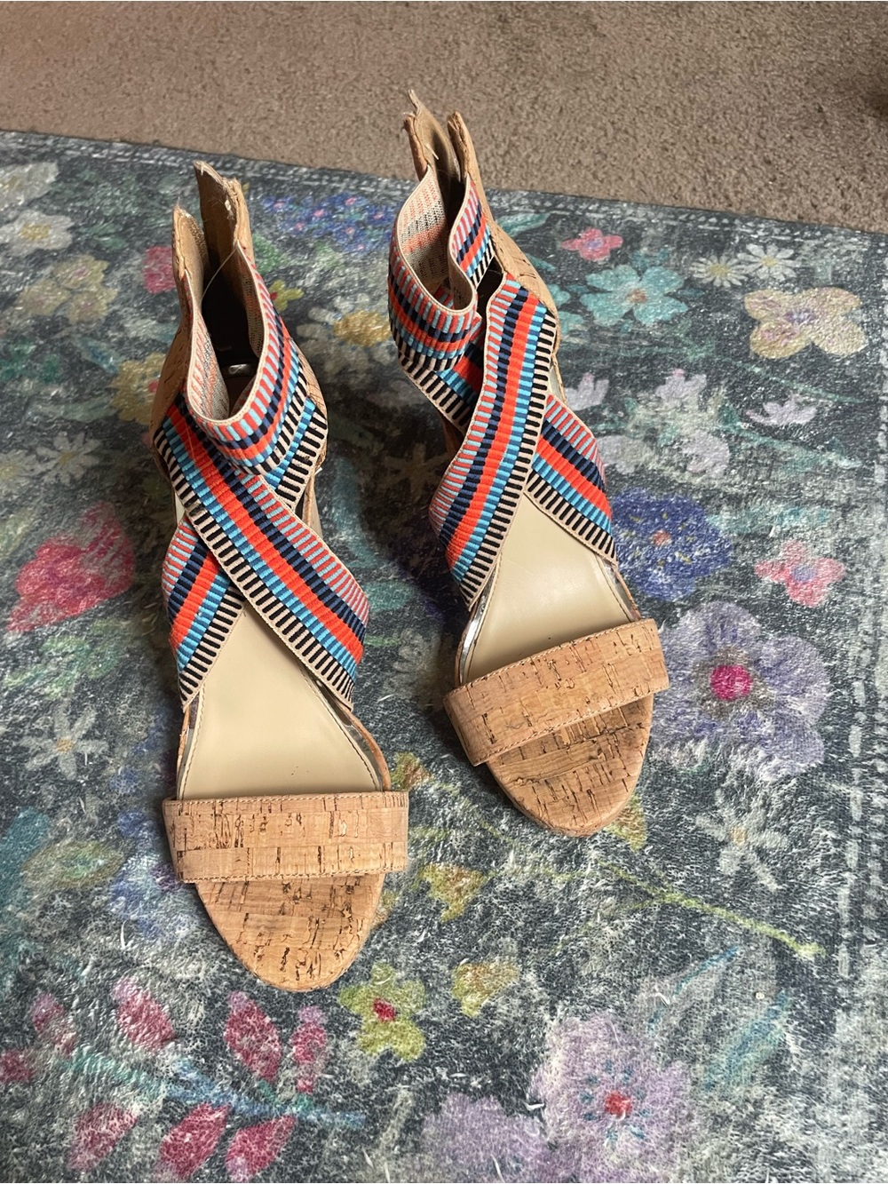 Jessica Simpson Striped Elastic Cork Wedge Sandals